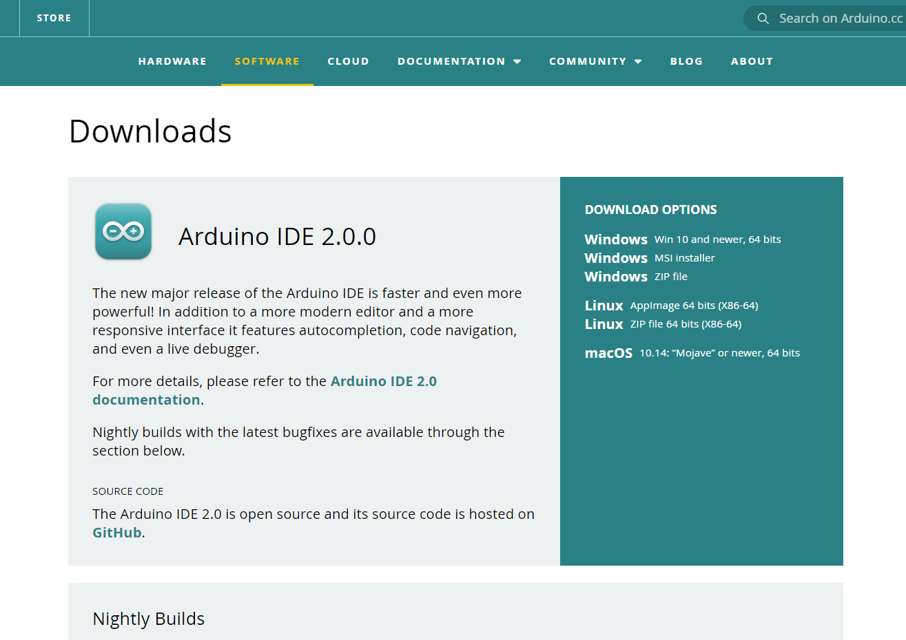 Screenshot of the arduino download website