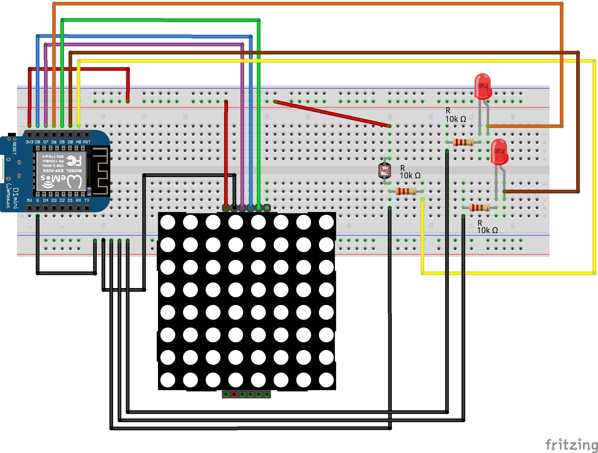 The second version of my wiring diagram where I added the LDR sensor and 2 LEDs